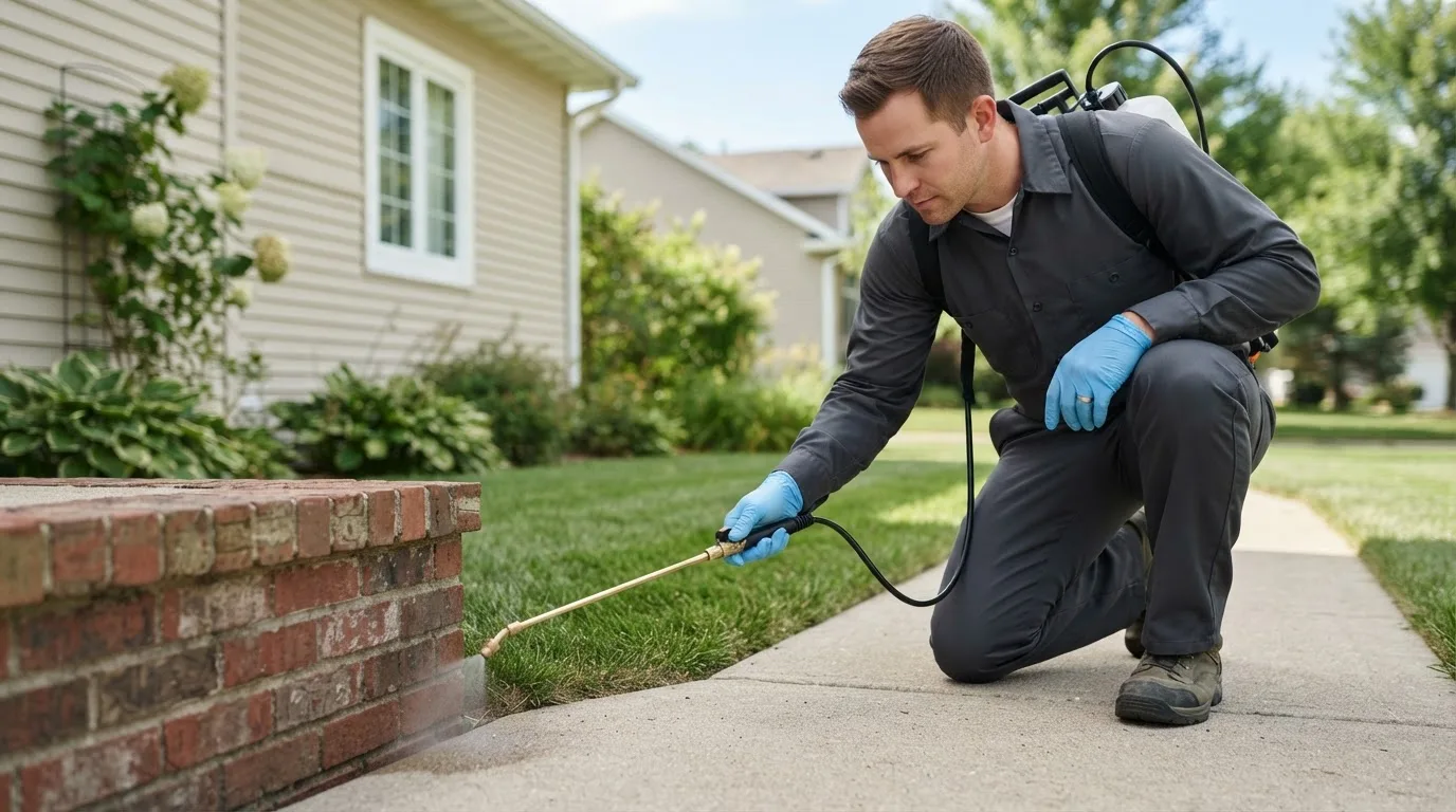 Pest control technician treating a home near Perdue Hill, AL